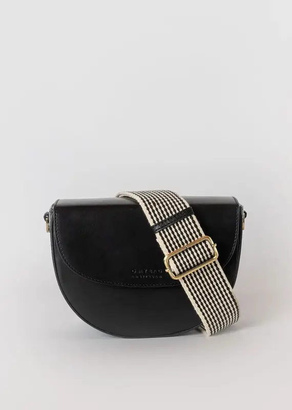 Desiree Crossbody Clutch / Black Classic Leather / Checkered & Leather Straps