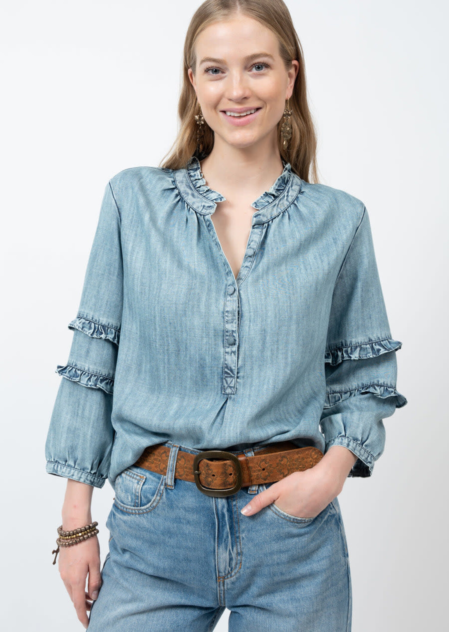 Double Ruffle Sleeve Denim Top - The District On Main