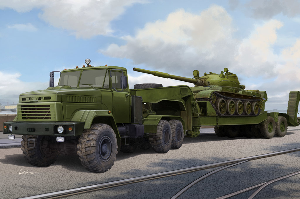 1/35 Ukraine Kraz 6446 Tractor w/MAZ/ChMZAP 5247G Semi Trailer and T-62 Mod  1960 Tank
