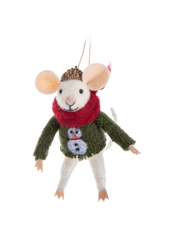 Merino Wool Mouse with Snowman Sweater Ornament