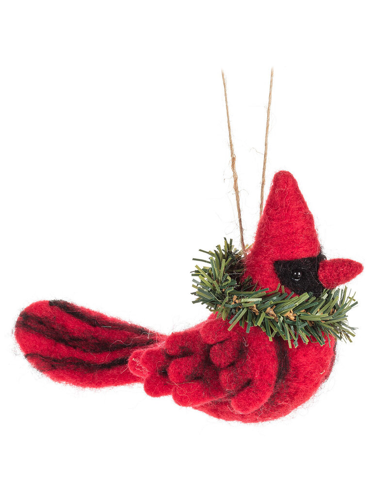 Merino Wool Cardinal with Wreath Ornament