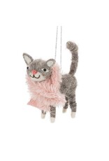 Abbott Collection Wool Cat with Furry Pink Scarf Ornament