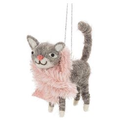 Abbott Collection Wool Cat with Furry Pink Scarf Ornament