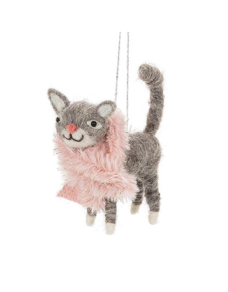 Abbott Collection Wool Cat with Furry Pink Scarf Ornament