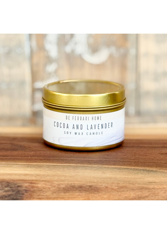 DeFerrari Candles Cocoa and Lavender Coconut Soy Wax Candle Piccola Gold Tin