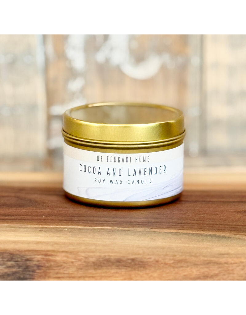 DeFerrari Candles Cocoa and Lavender Coconut Soy Wax Candle Piccola Gold Tin
