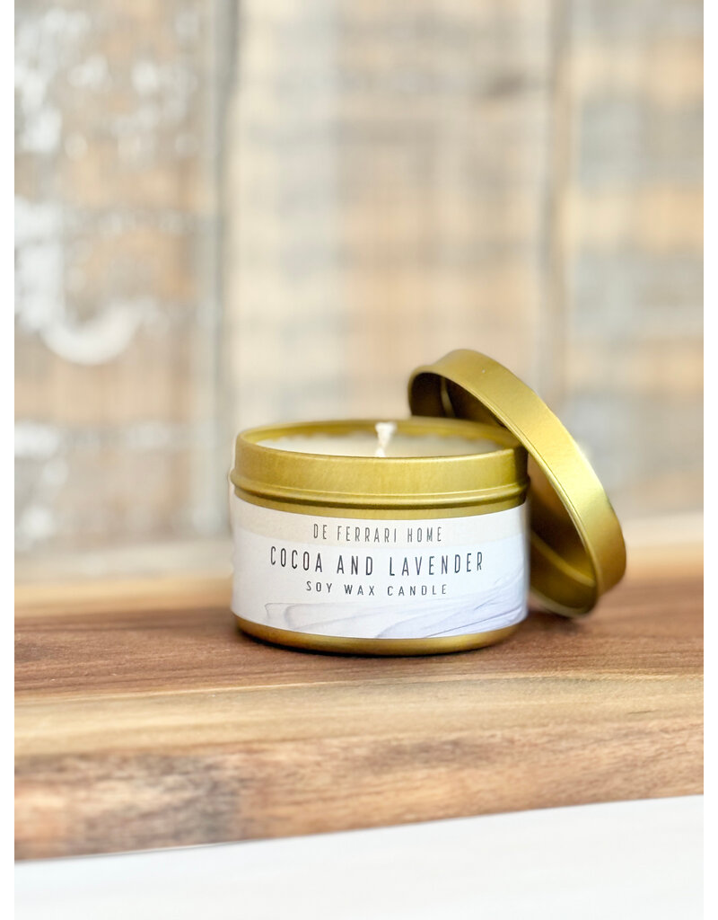 DeFerrari Candles Cocoa and Lavender Coconut Soy Wax Candle Piccola Gold Tin