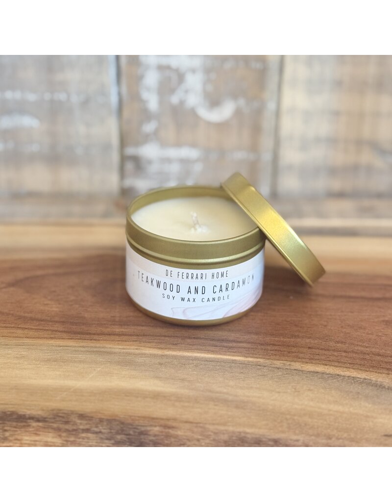 DeFerrari Candles Teakwood and Cardamon Soy Wax Candle Piccola Gold Tin