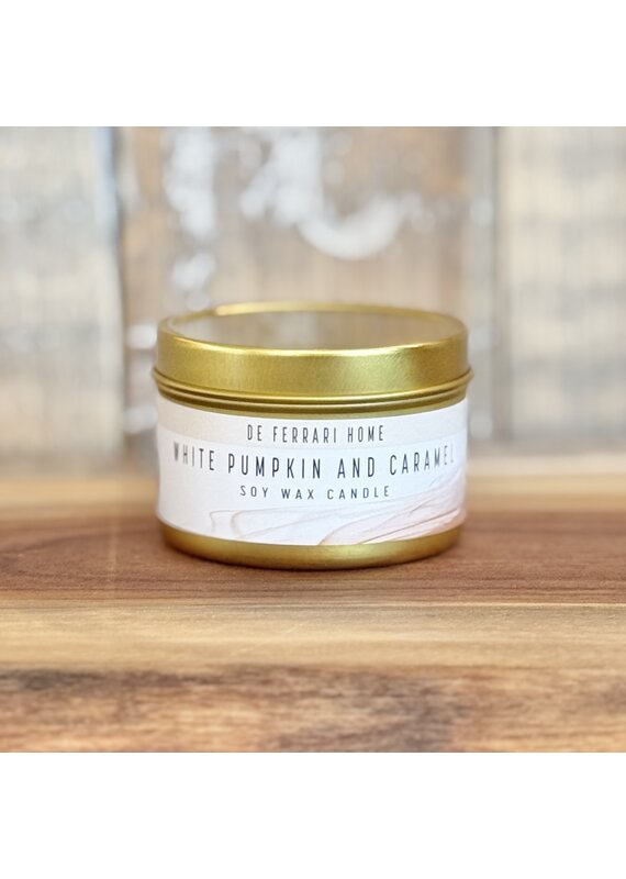 DeFerrari Candles White Pumpkin and Caramel Soy Wax Candle Piccola Gold Tin