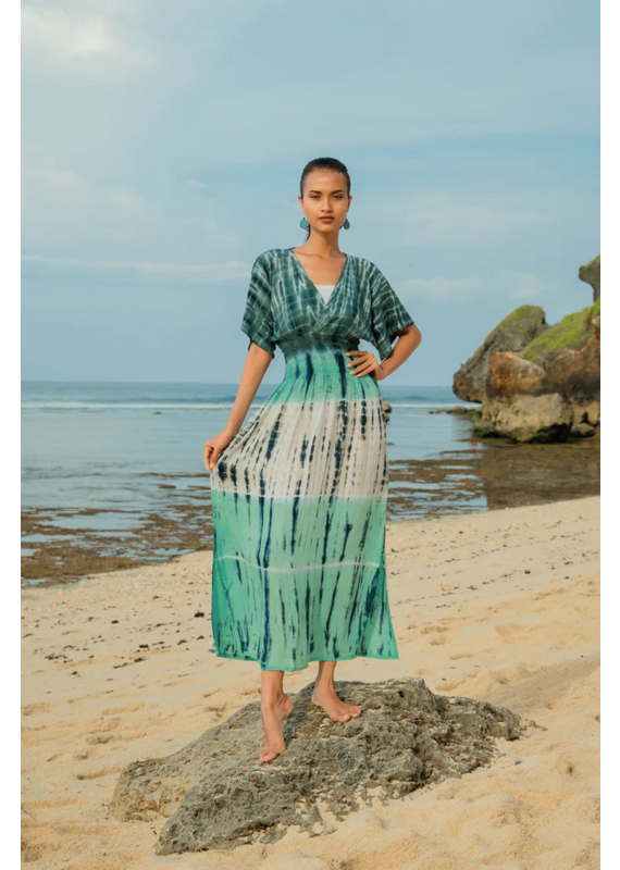 Suzie Blue Tie Dye Stripe Maxi Dress - Turquoise & Grey