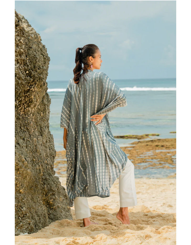 Suzie Blue Bone Tie Dye Kimono - Grey & White
