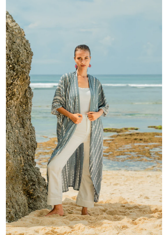 Suzie Blue Bone Tie Dye Kimono - Grey & White