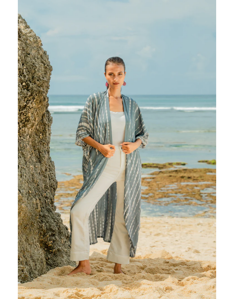 Suzie Blue Bone Tie Dye Kimono - Grey & White