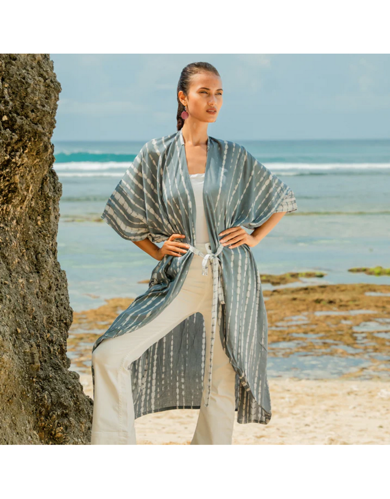 Suzie Blue Bone Tie Dye Kimono - Grey & White