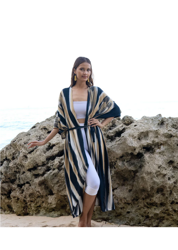 Suzie Blue Tie Dye Long Kimono In Grey & Gold