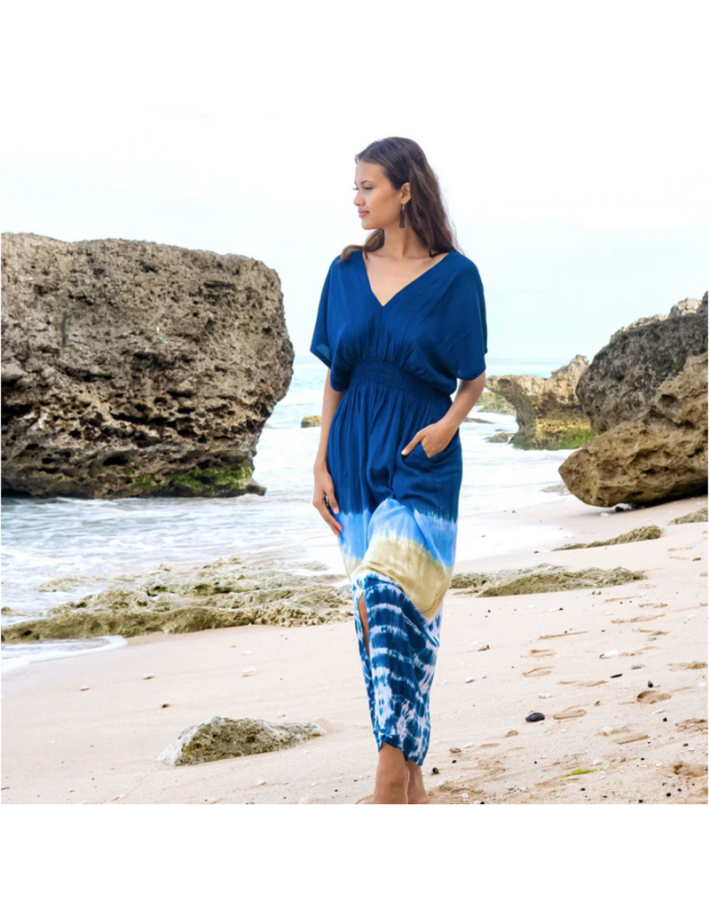 Suzie Blue Beach Stripe & Tie Dye Maxi Dress In Navy