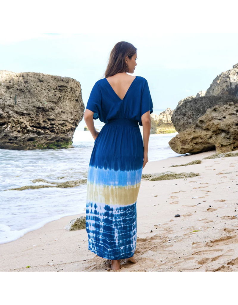 Suzie Blue Beach Stripe & Tie Dye Maxi Dress In Navy