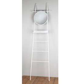 White Metal Display Ladder with Round Mirror