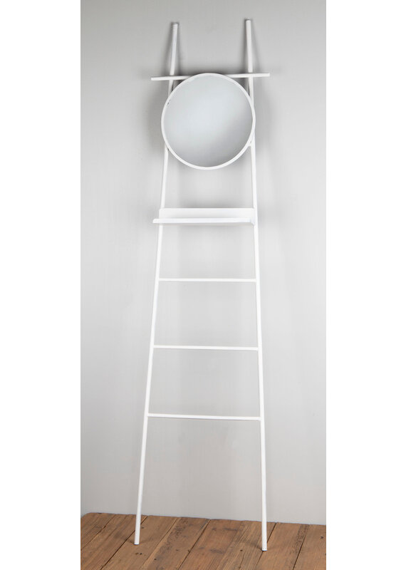 White Metal Display Ladder with Round Mirror