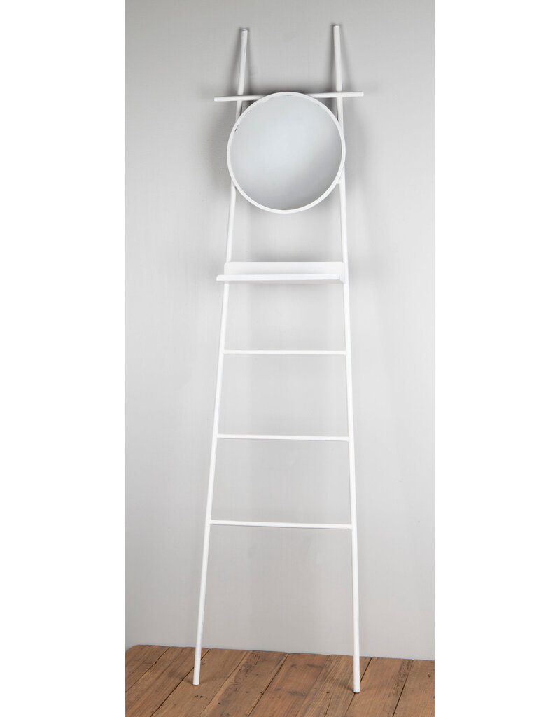 White Metal Display Ladder with Round Mirror