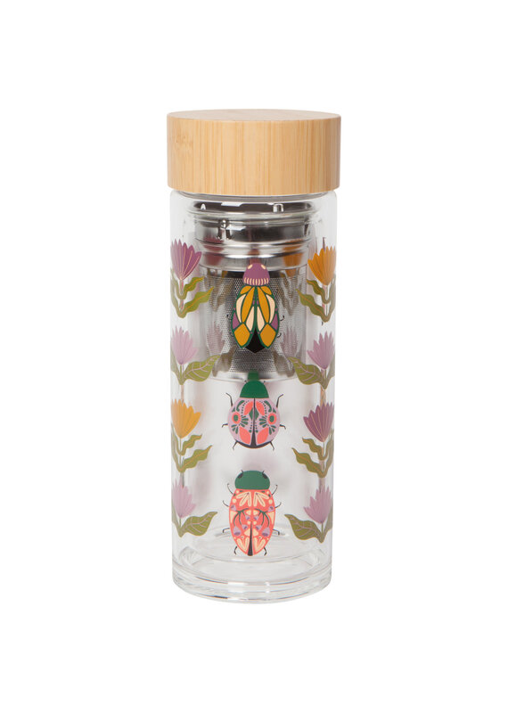 Danica Amulet Glass Tea Infuser Bottle | 12oz Double Wall, Scarab Design, Bamboo Lid