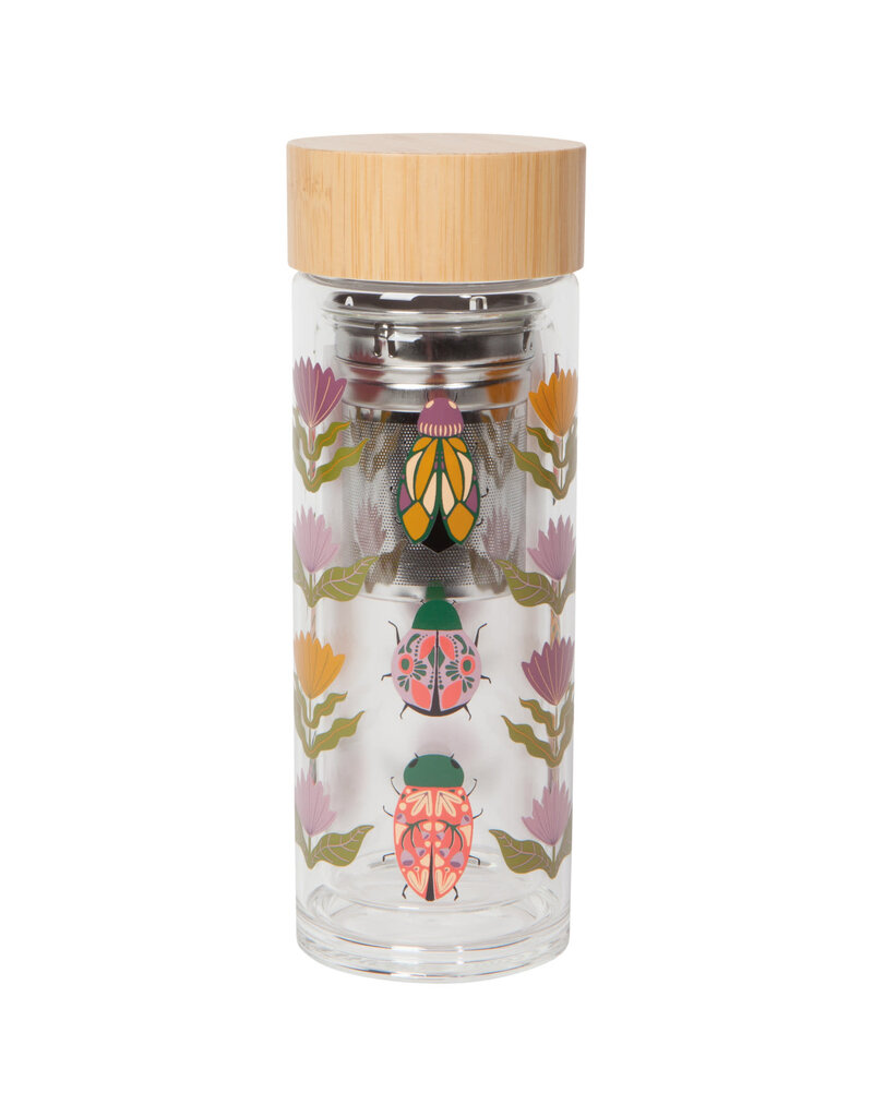 Danica Amulet Glass Tea Infuser Bottle | 12oz Double Wall, Scarab Design, Bamboo Lid