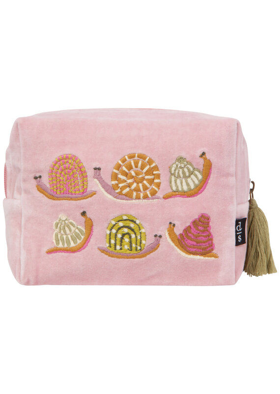 Danica Gardenland Embroidered Pouch | Snail Motif, Cotton Velvet, Tassels & Beading