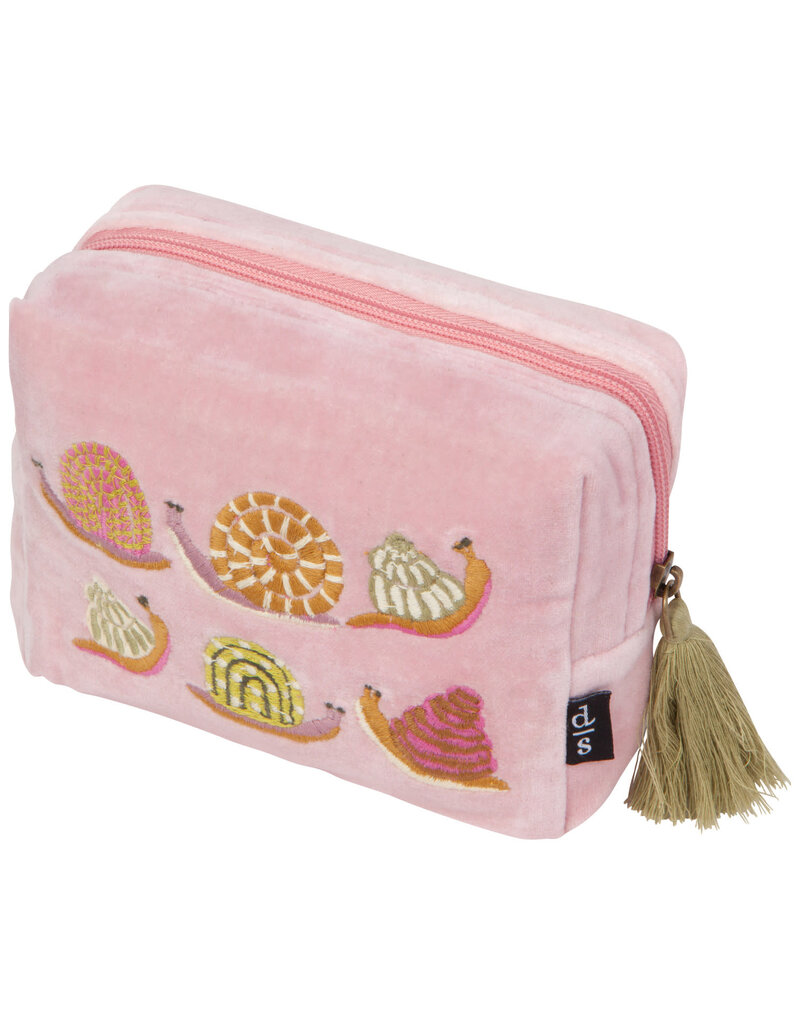 Danica Gardenland Embroidered Pouch | Snail Motif, Cotton Velvet, Tassels & Beading