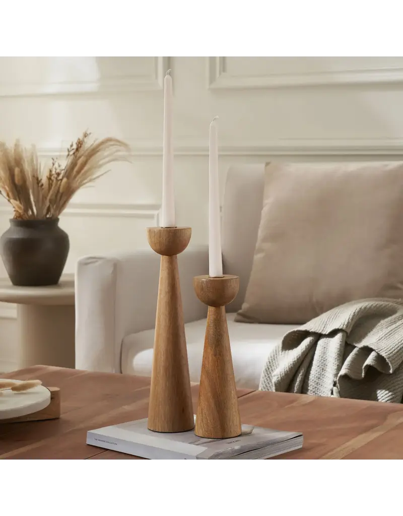 Renwil Laurier Set of 2 Mango Wood Taper Candle Holders – Mid-Century Modern Sculptural Decor