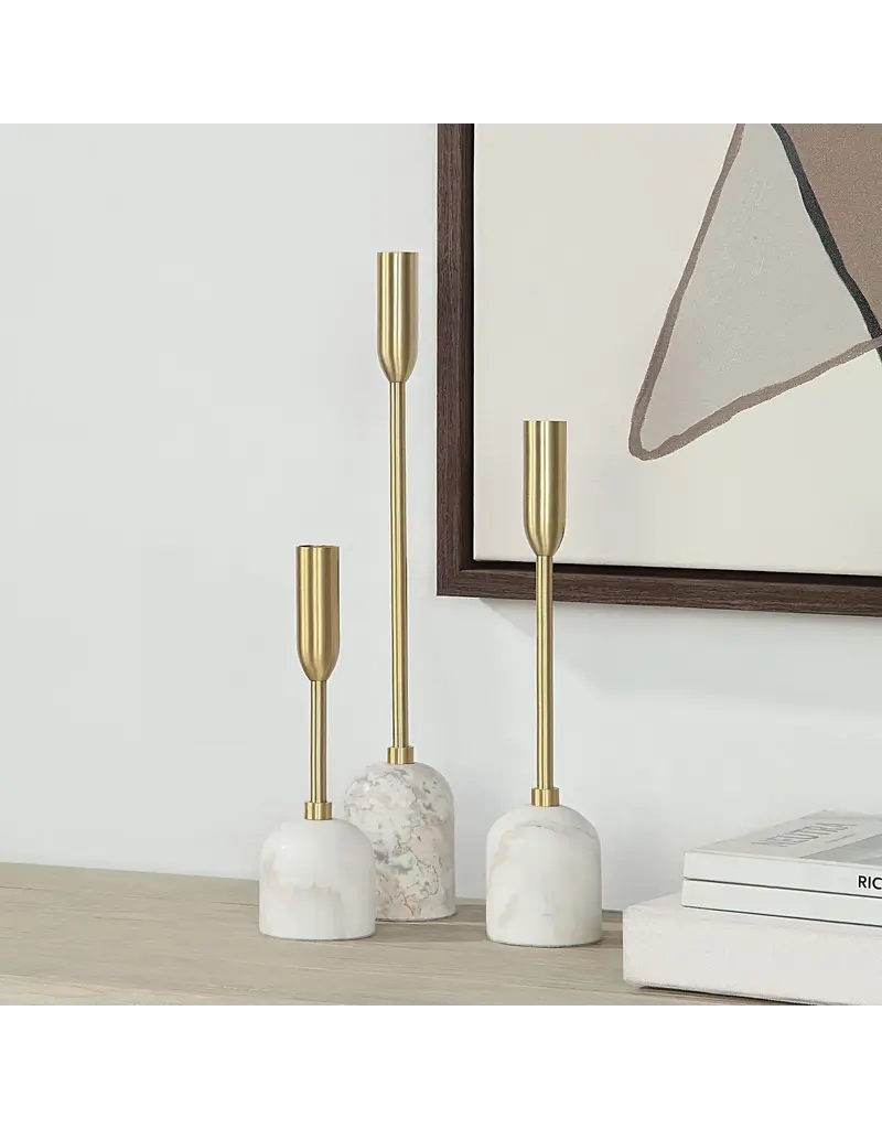 Renwil Marchesa Set of 3 Candle Holders – Satin Brass & Marble | Modern Romantic Decor