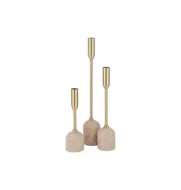 Renwil Vesta Set of 3 Taper Candle Holders – Satin Brass & Travertine | Elegant Romantic Decor