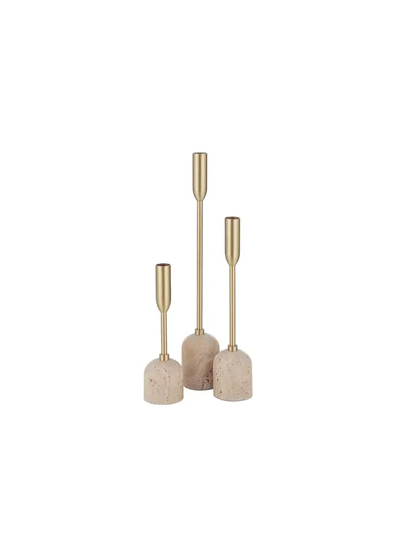 Renwil Vesta Set of 3 Taper Candle Holders – Satin Brass & Travertine | Elegant Romantic Decor