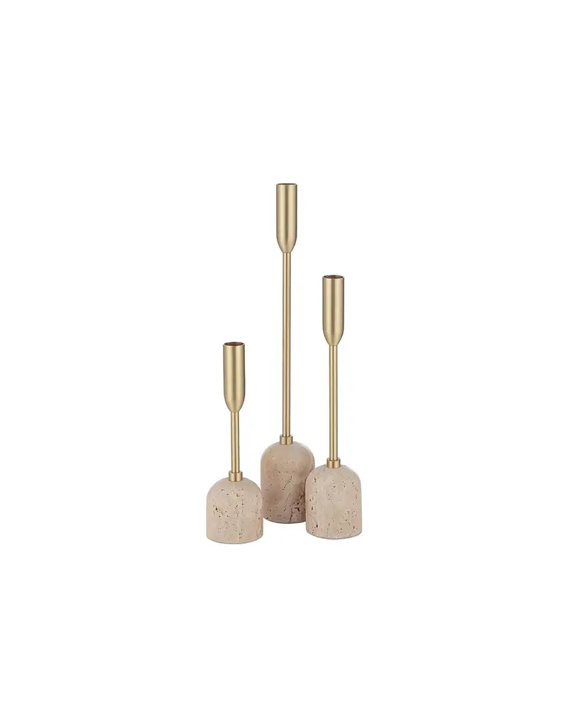 Renwil Vesta Set of 3 Taper Candle Holders – Satin Brass & Travertine | Elegant Romantic Decor