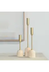 Renwil Vesta Set of 3 Taper Candle Holders – Satin Brass & Travertine | Elegant Romantic Decor