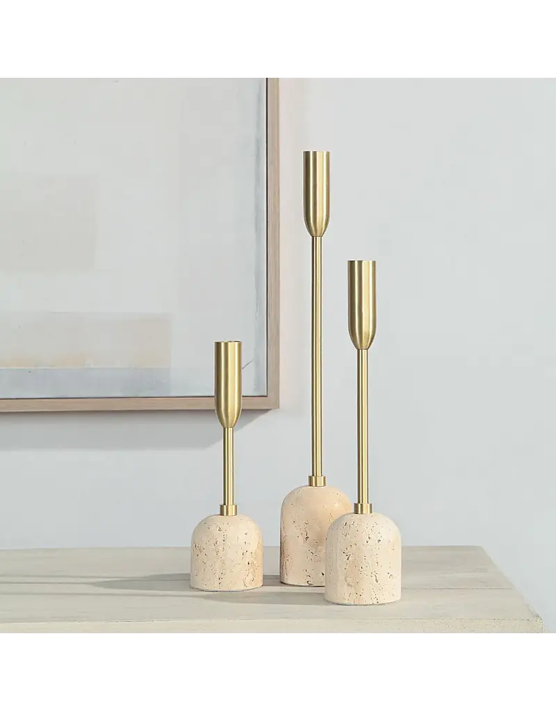 Renwil Vesta Set of 3 Taper Candle Holders – Satin Brass & Travertine | Elegant Romantic Decor