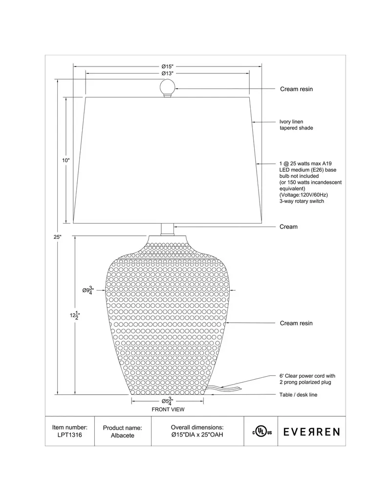 Renwil Albacete Table Lamp – Hammered Resin Earthenware Look | Oatmeal Linen Shade