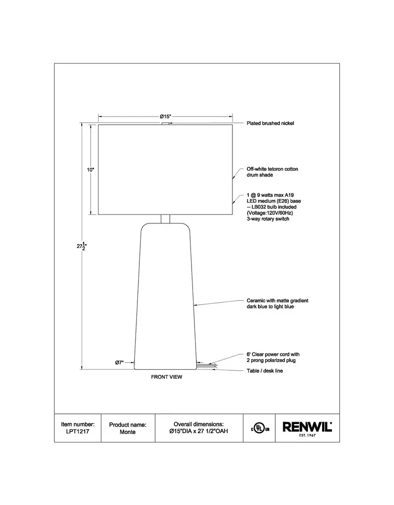 Renwil Monte Table Lamp – Matte Blue Gradient Ceramic | Modern Tranquil Lighting
