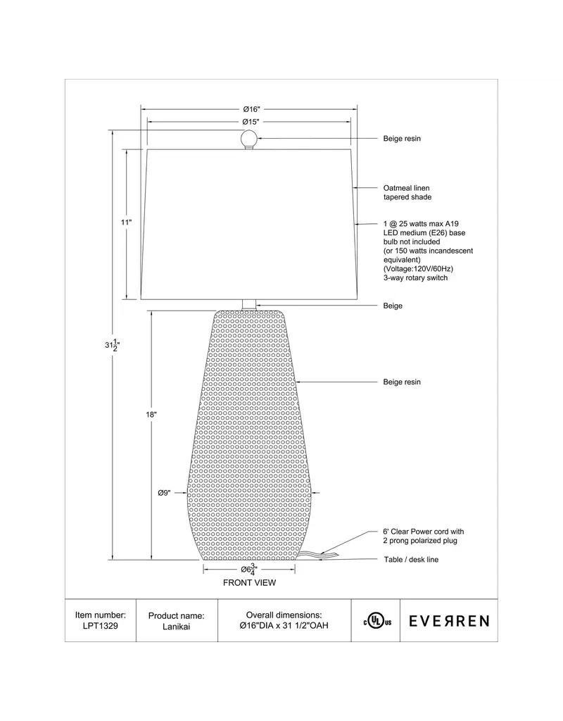 Renwil Lanikai Table Lamp by Renwil – Hammered Beige Resin | Oatmeal Linen Drum Shade