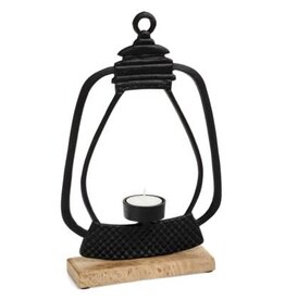 adv Black Tea Light Lantern with Wooden Base