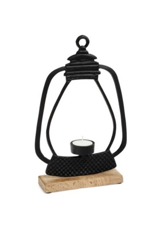 adv Black Tea Light Lantern with Wooden Base