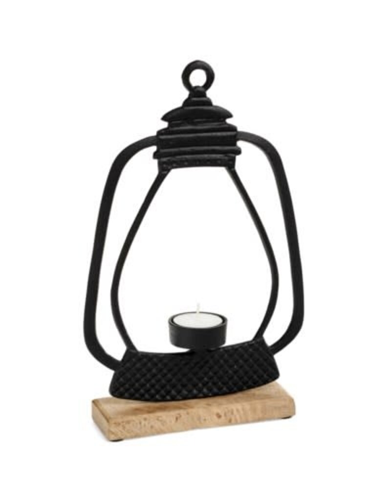 adv Black Tea Light Lantern with Wooden Base