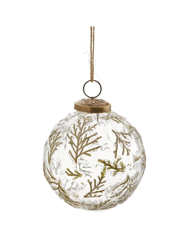 adv Winter Woodland Glass Ball Ornament with smoky glass nd green details | Antique Gold