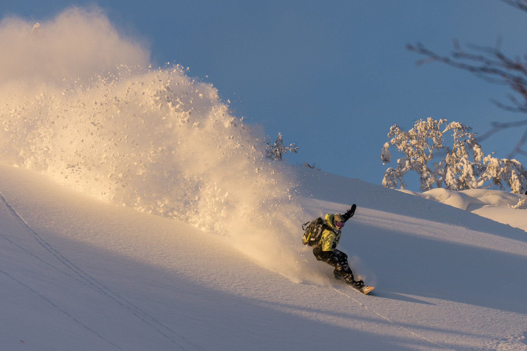 Powder snowboards, designed for deep snow conditions, featuring a wider nose and tapered tail for excellent floatation and maneuverability in powder