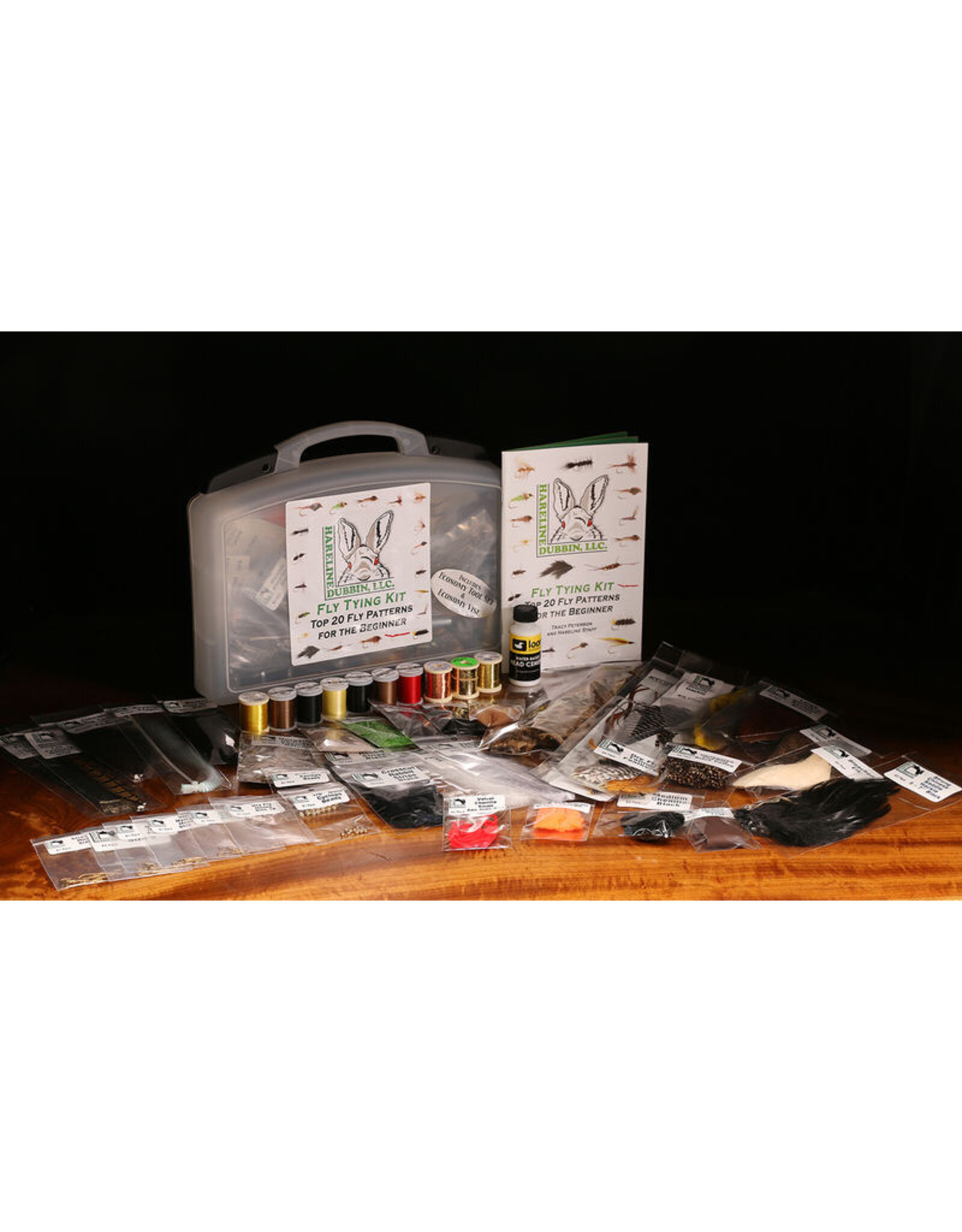 Hareline Fly Tying Material Kit with tools and fly tying vice