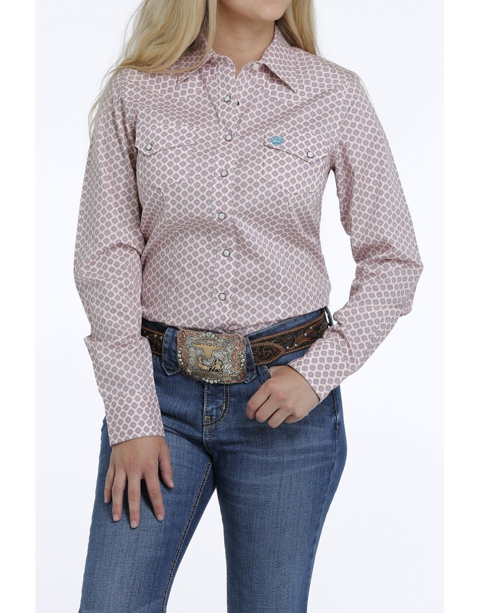 Cinch Ladies Peach, Red and Turquoise MSW9201022 Geometric Print Pearlsnap Shirt