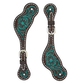 Turquoise Cross Dark Oil & Turquoise Floral Tooled 45-0425 Spur Straps