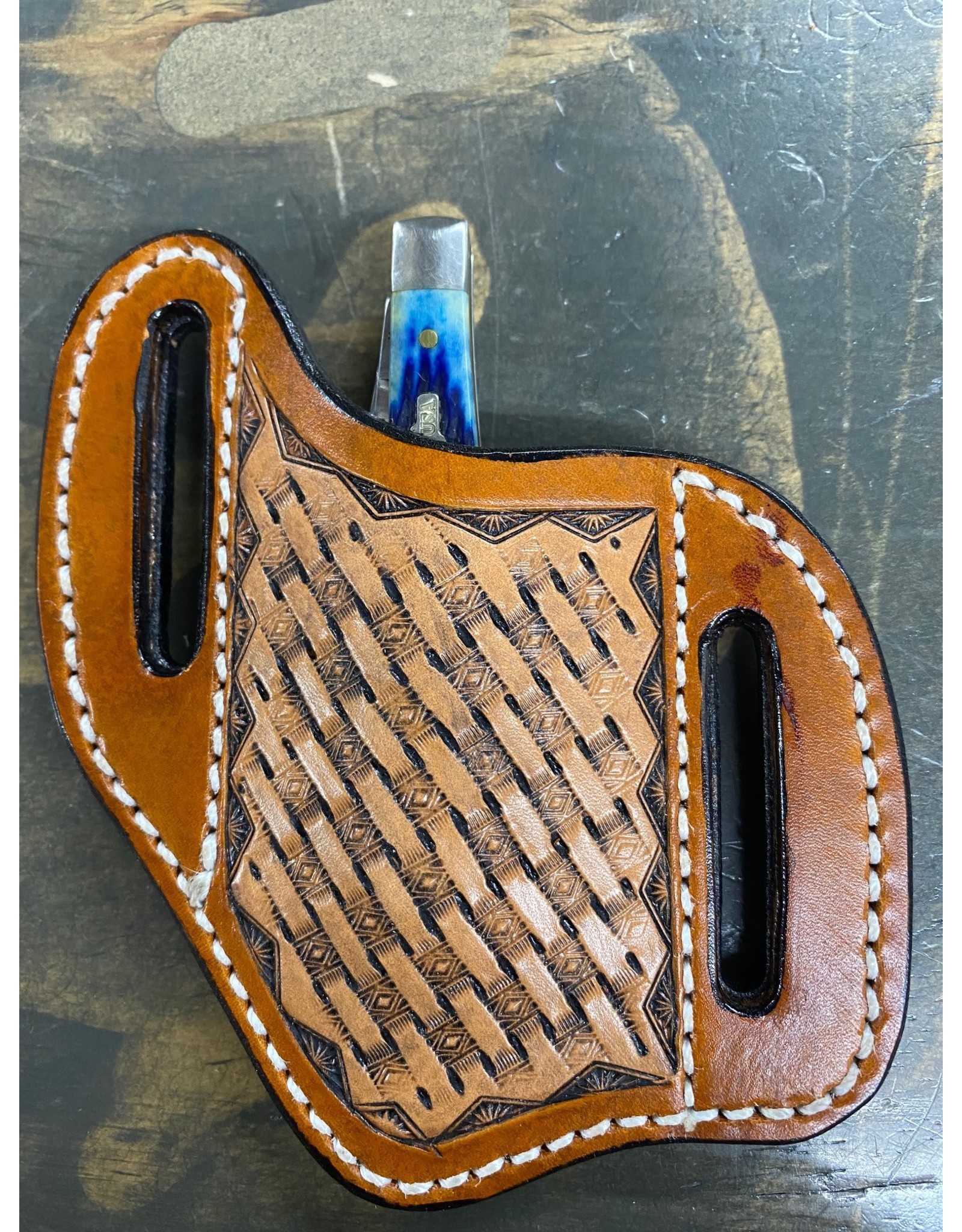 Chase Combs Leather Chase Combs Leather Chestnut Oiled Basketweave Scalloped Handtooled Knife Sheath