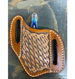 Chase Combs Leather Chestnut Oiled Basketweave Scalloped Handtooled Knife Sheath