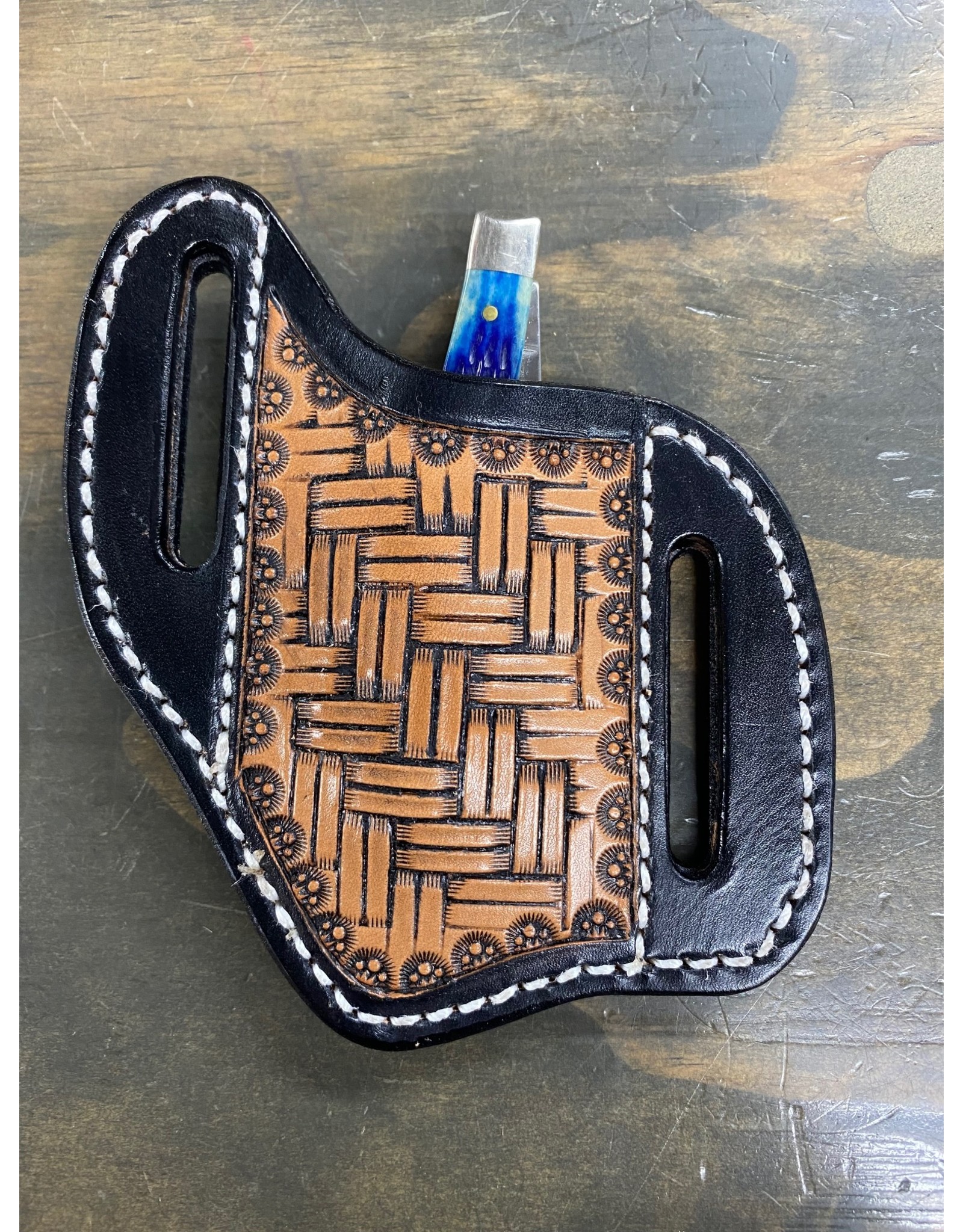 Chase Combs Leather Chase Combs Leather Dark Chocolate Basketweave Handtooled Knife Sheath