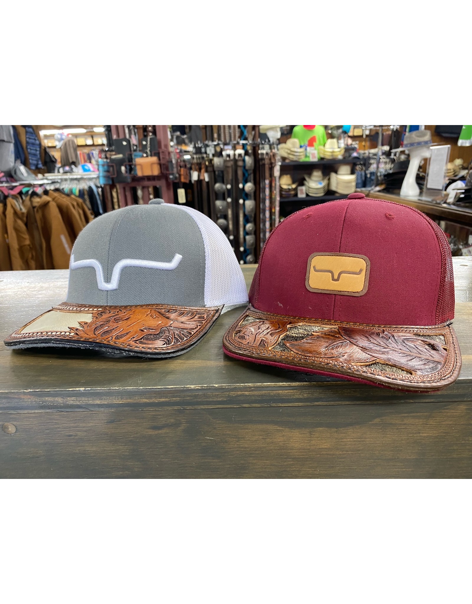 Chase Combs Leather CCL Custom Hairon Feather Tooled Kimes Ranch Snapshot Burgundy Leather Patch Trucker Cap